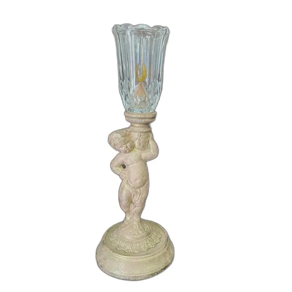 Vintage Cherub Table Lamp with Cut Glass Hurricane Shade |  Accent Light